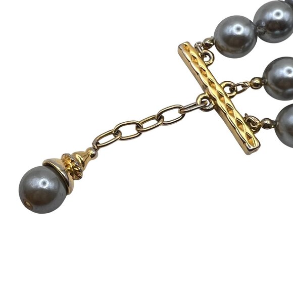 Joan Rivers Bracelet Gold  Silver-Tone Adjustable Three-Strand Faux Pearl Signed - Picture 6 of 8